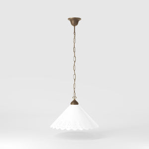 Classic pendant lamp with white pierced ceramic shade floral patterns and brass chain by Ghidini 1849 - Finish: OAS Antique Brass