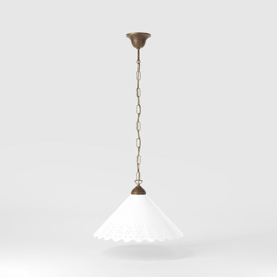 Classic pendant lamp with white pierced ceramic shade floral patterns and brass chain by Ghidini 1849 - Finish: OAS Antique Brass