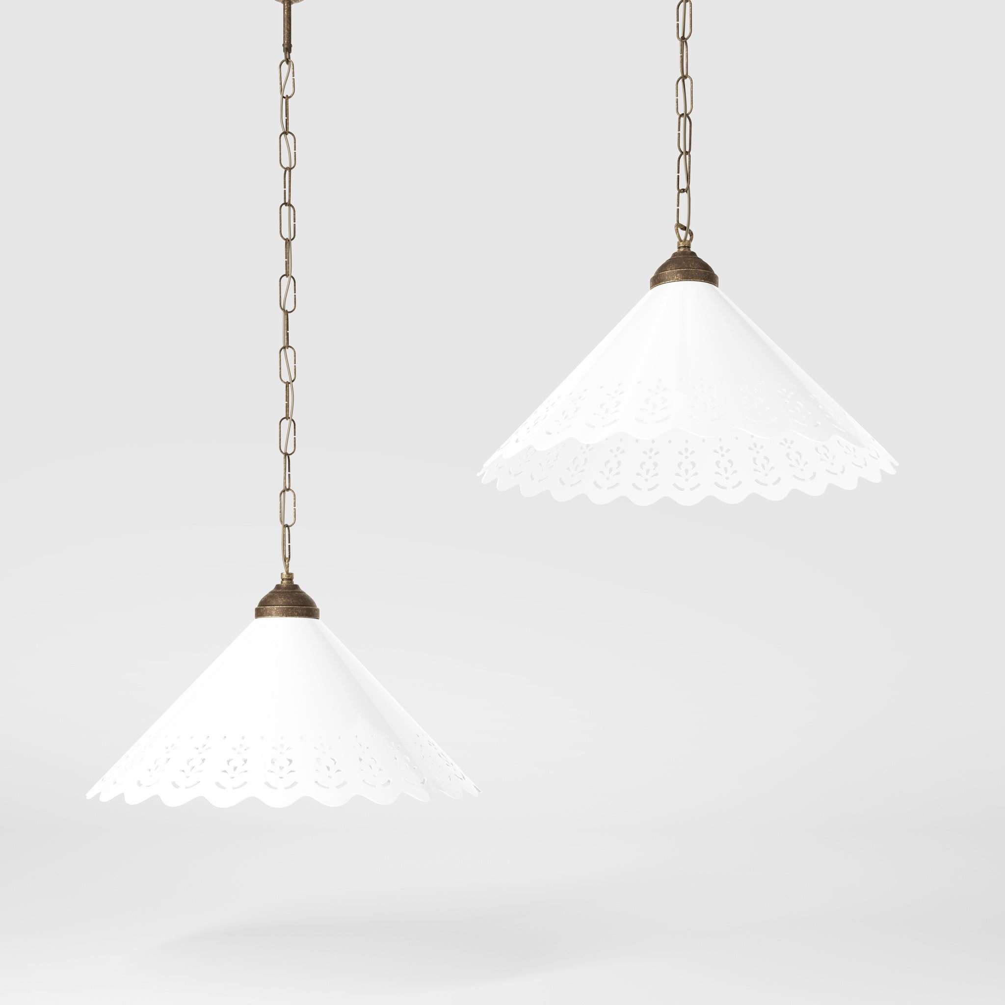 Classic pendant lamp with white pierced ceramic shade floral patterns and brass chain by Ghidini 1849 - Finish: OAS Antique Brass