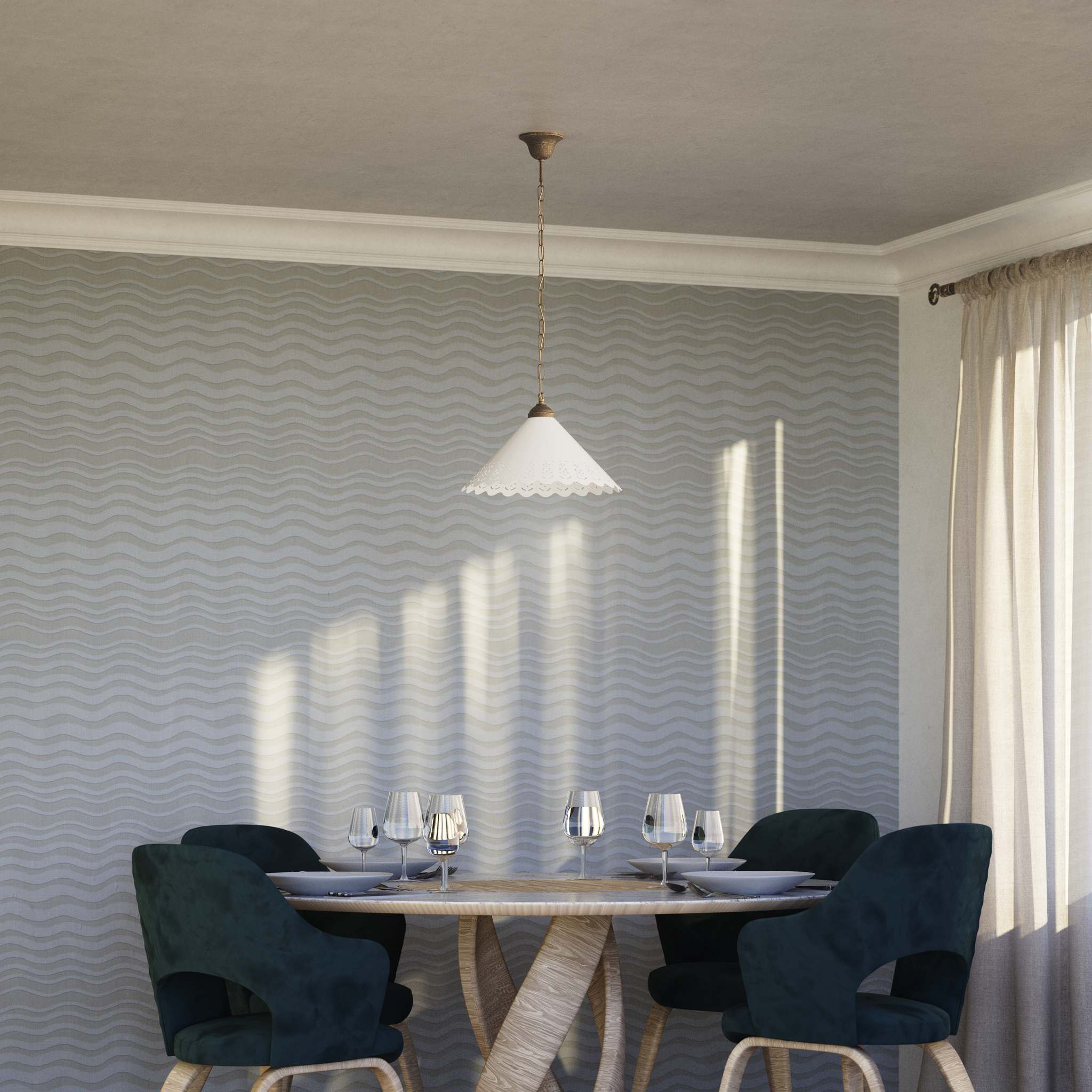 Classic pendant lamp with white pierced ceramic shade floral patterns and brass chain by Ghidini 1849 - Finish: OAS Antique Brass