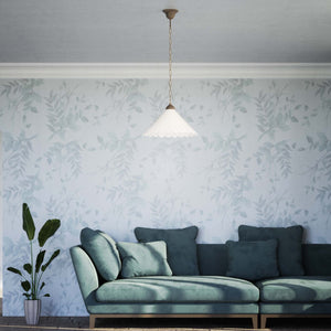 Classic pendant lamp with white pierced ceramic shade floral patterns and brass chain by Ghidini 1849 - Finish: OAS Antique Brass