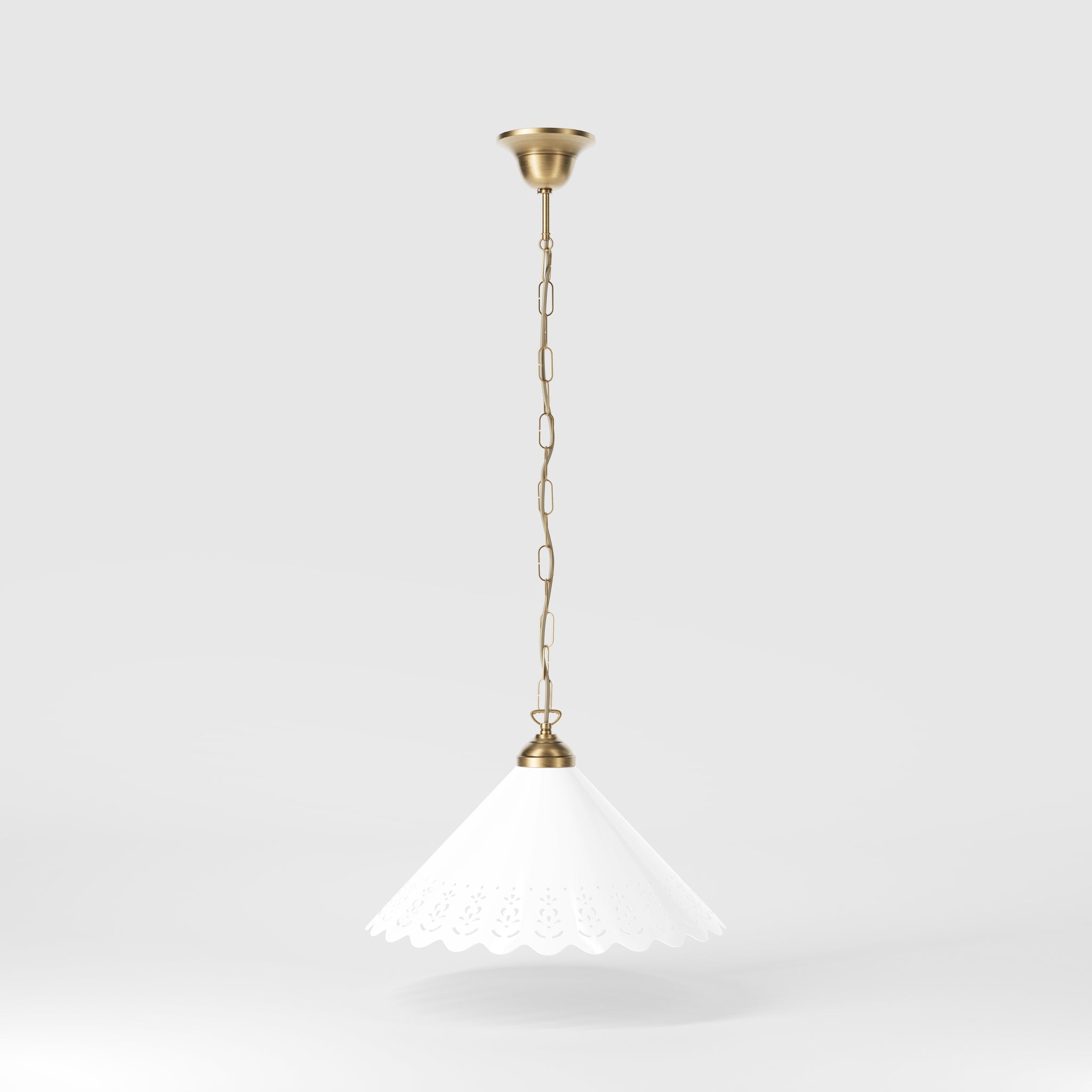 Classic pendant lamp with white pierced ceramic shade floral patterns and brass chain by Ghidini 1849 - Finish: OBS Bronze Satin Brass