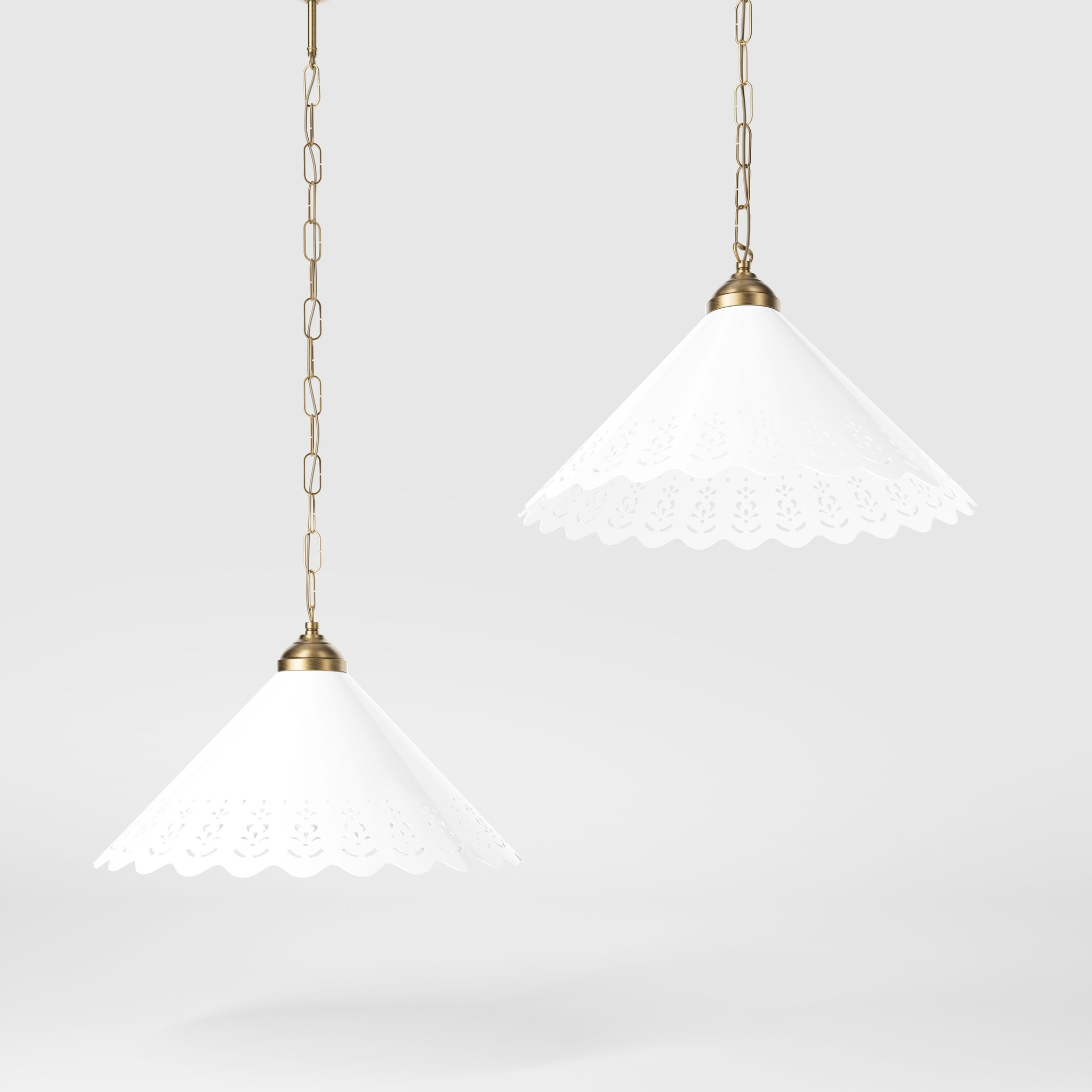 Classic pendant lamp with white pierced ceramic shade floral patterns and brass chain by Ghidini 1849 - Finish: OBS Bronze Satin Brass