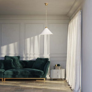 Classic pendant lamp with white pierced ceramic shade floral patterns and brass chain by Ghidini 1849 - Finish: OBS Bronze Satin Brass