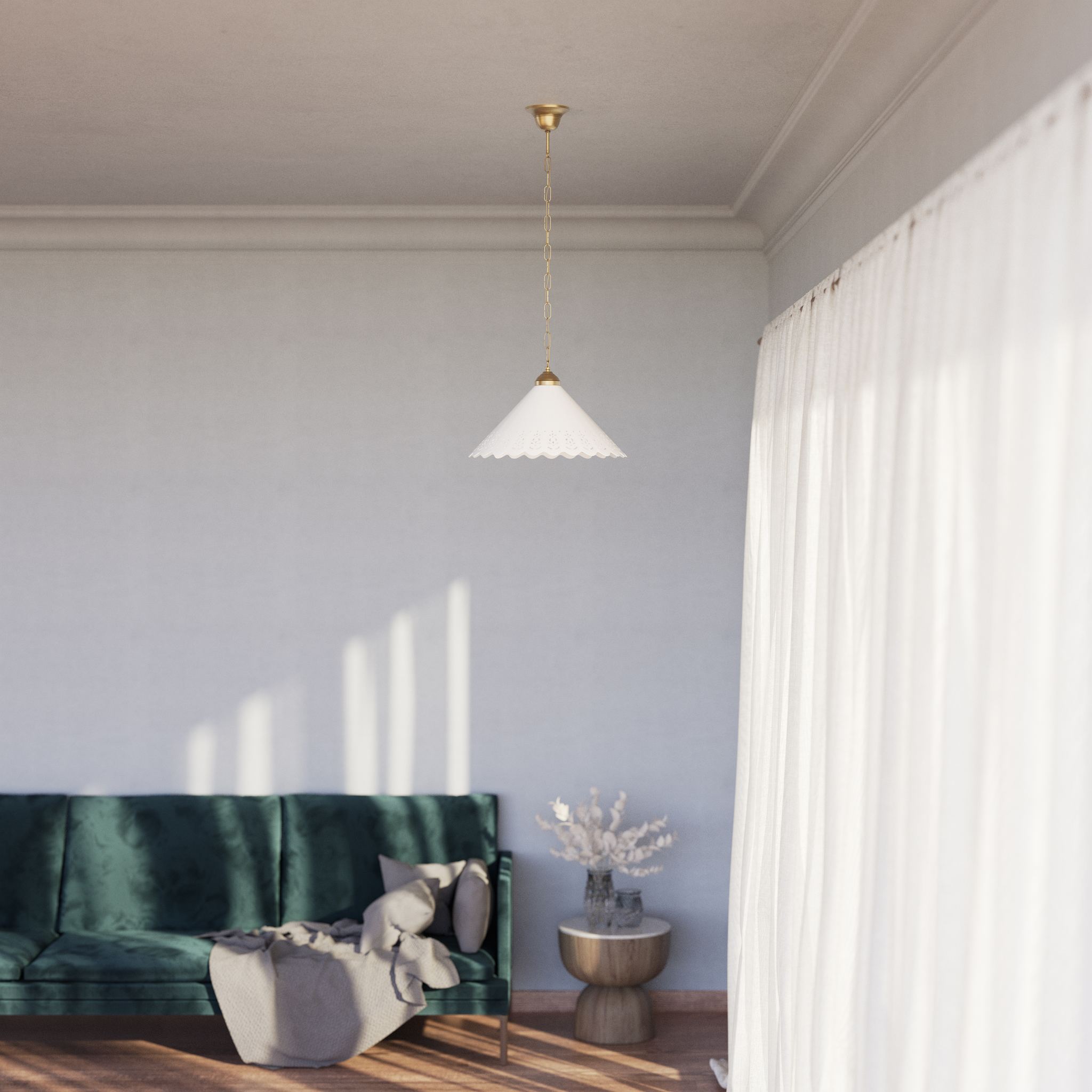 Classic pendant lamp with white pierced ceramic shade floral patterns and brass chain by Ghidini 1849 - Finish: OBS Bronze Satin Brass