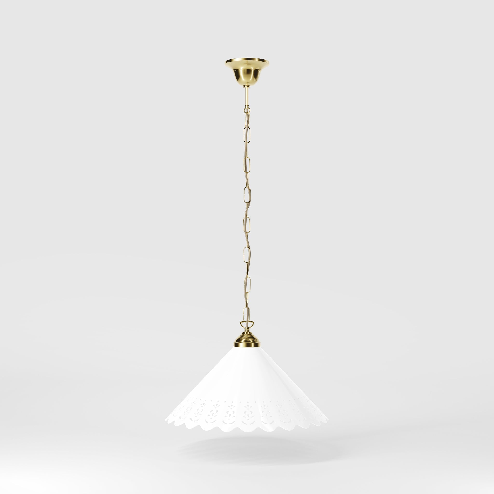 Classic pendant lamp with white pierced ceramic shade floral patterns and brass chain by Ghidini 1849 - Finish: OLV Polished Brass