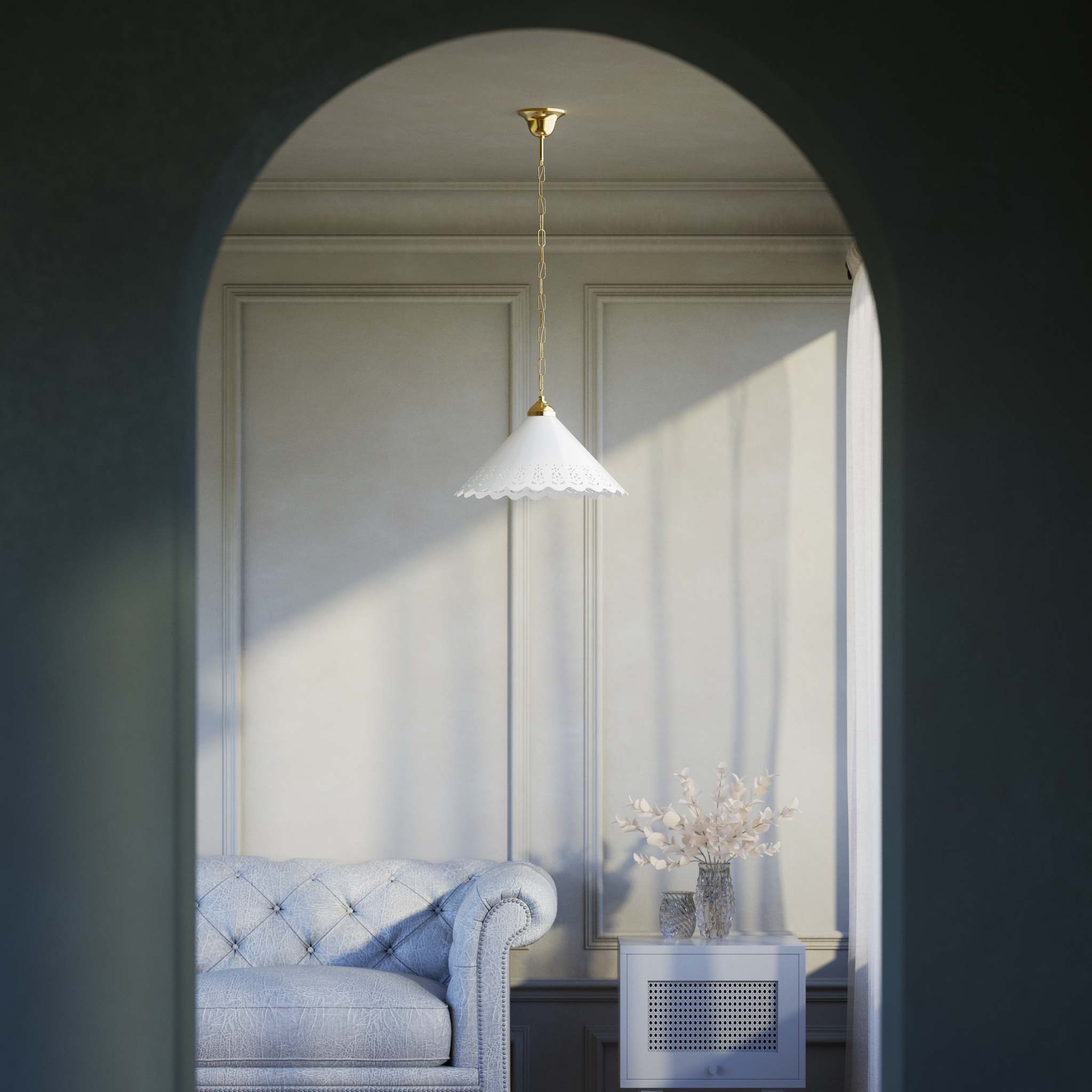 Classic pendant lamp with white pierced ceramic shade floral patterns and brass chain by Ghidini 1849 - Finish: OLV Polished Brass