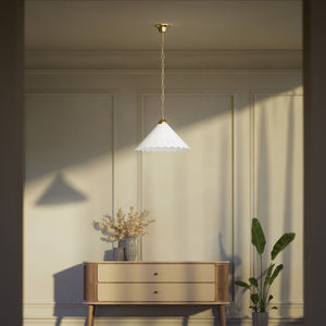 Classic pendant lamp with white pierced ceramic shade floral patterns and brass chain by Ghidini 1849 - Finish: OLV Polished Brass