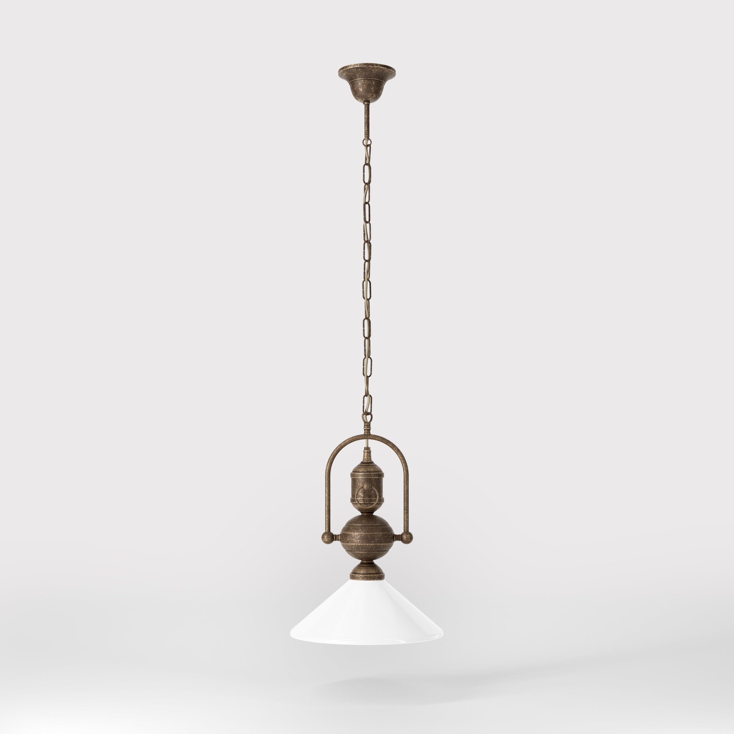 Brass pendant lamp with decorative chain glossy white glass shade industrial design style Made in Italy by Ghidini 1849 - Finish: OAS Antique Brass