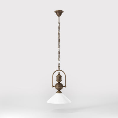 Brass pendant lamp with decorative chain glossy white glass shade industrial design style Made in Italy by Ghidini 1849 - Finish: OAS Antique Brass