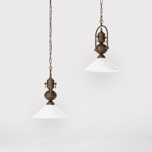 Brass pendant lamp with decorative chain glossy white glass shade industrial design style Made in Italy by Ghidini 1849 - Finish: OAS Antique Brass