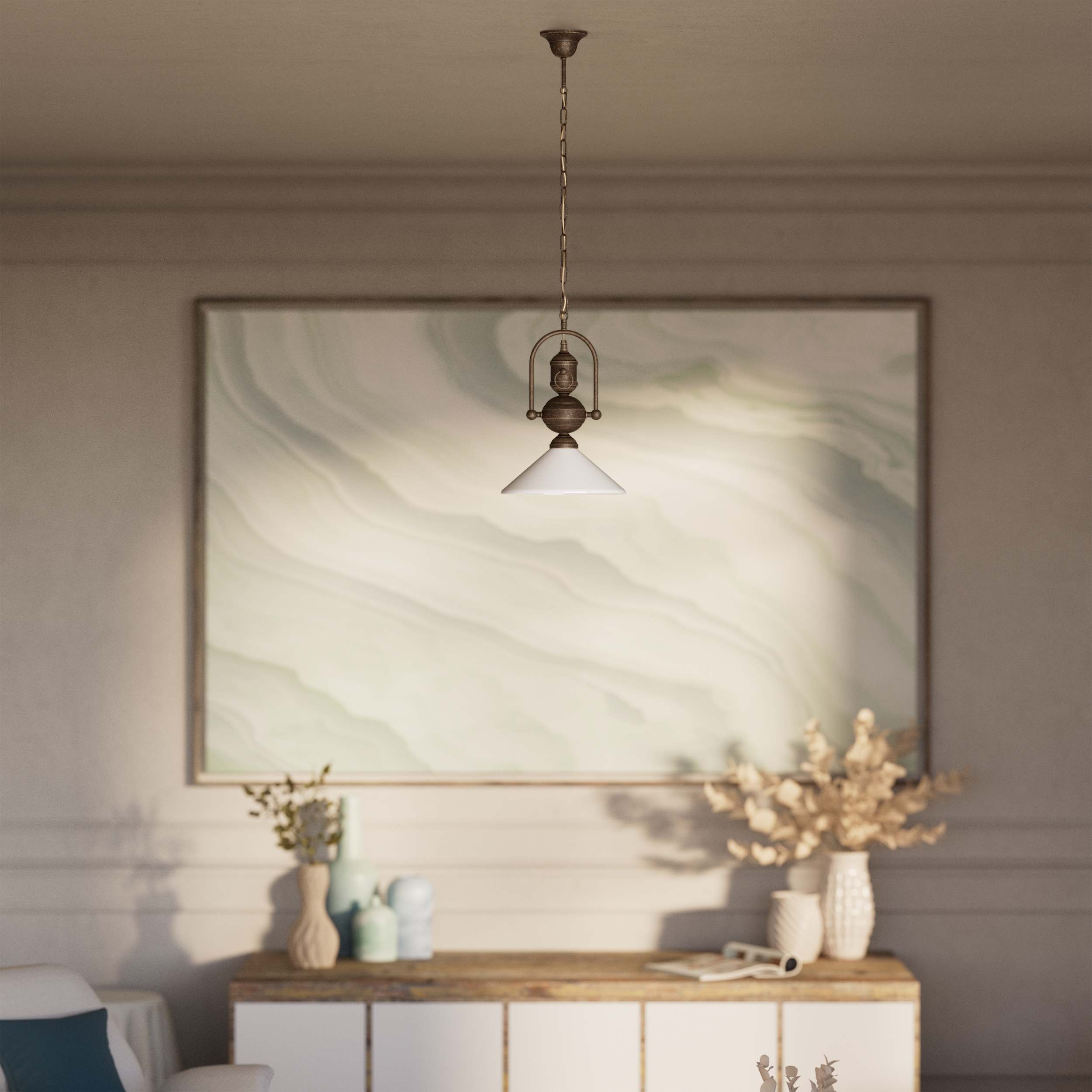 Brass pendant lamp with decorative chain glossy white glass shade industrial design style Made in Italy by Ghidini 1849 - Finish: OAS Antique Brass
