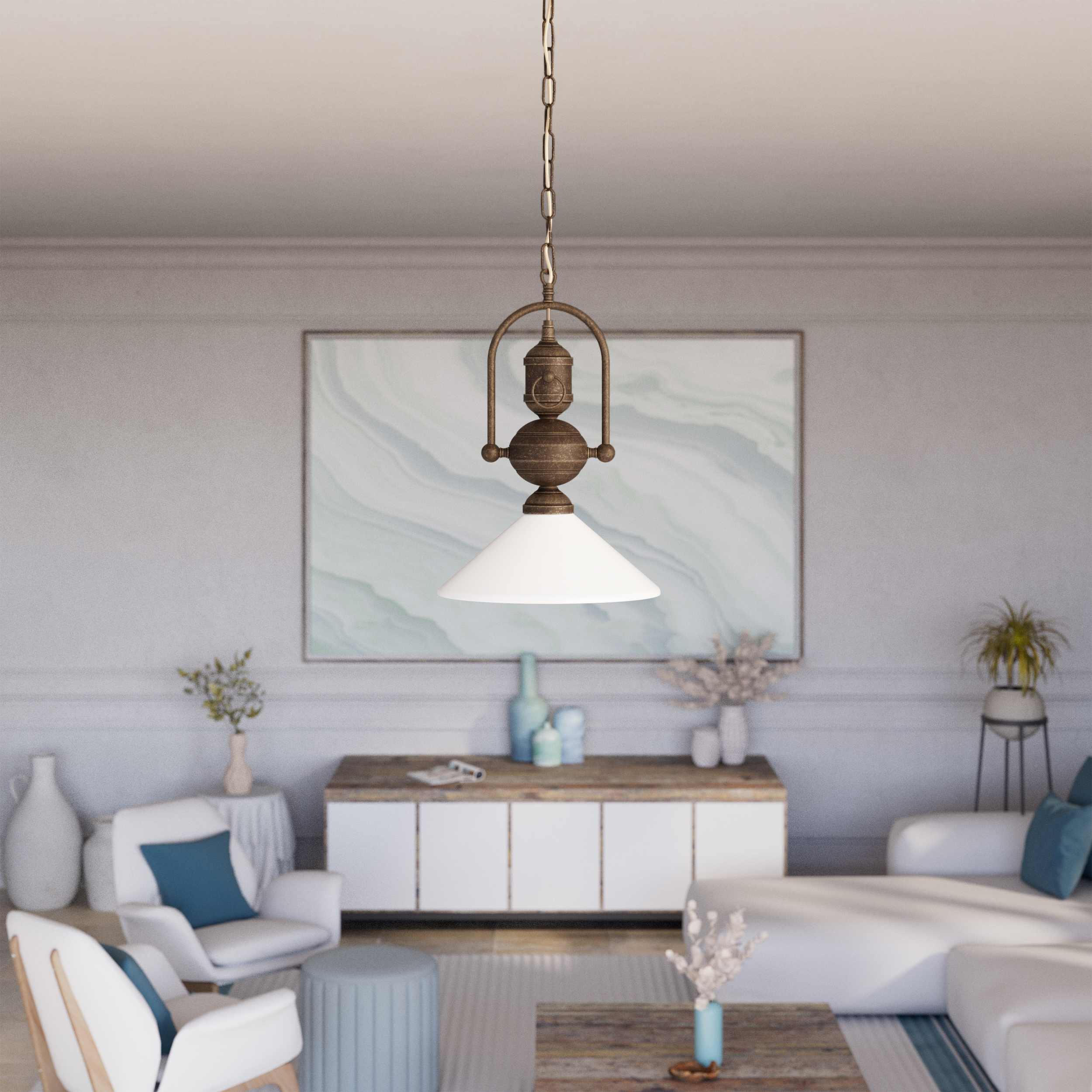 Brass pendant lamp with decorative chain glossy white glass shade industrial design style Made in Italy by Ghidini 1849 - Finish: OAS Antique Brass