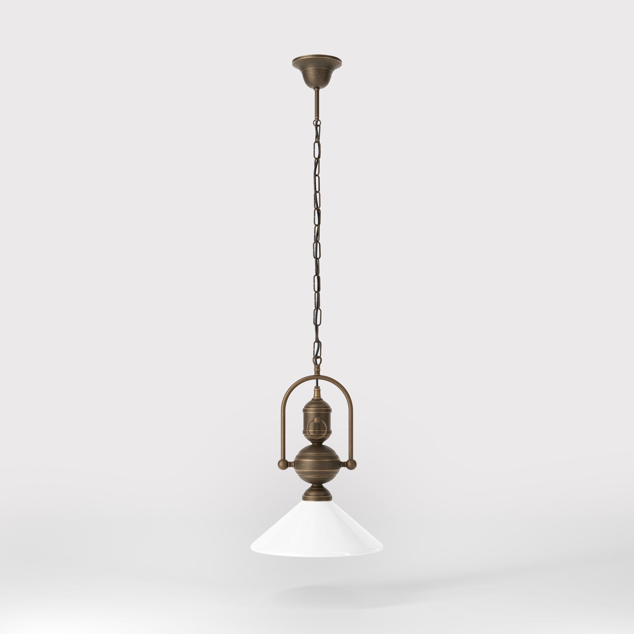 Brass pendant lamp with decorative chain glossy white glass shade industrial design style Made in Italy by Ghidini 1849 - Finish: OBM Bronze Satin Matt Brass