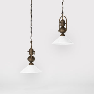 Brass pendant lamp with decorative chain glossy white glass shade industrial design style Made in Italy by Ghidini 1849 - Finish: OBM Bronze Satin Matt Brass