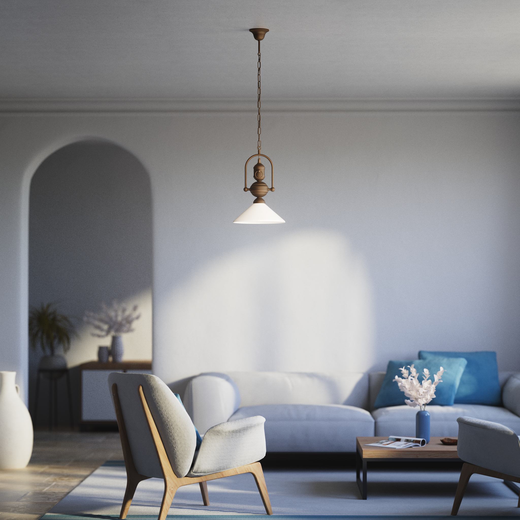 Brass pendant lamp with decorative chain glossy white glass shade industrial design style Made in Italy by Ghidini 1849 - Finish: OBM Bronze Satin Matt Brass