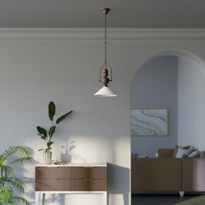 Brass pendant lamp with decorative chain glossy white glass shade industrial design style Made in Italy by Ghidini 1849 - Finish: OBM Bronze Satin Matt Brass