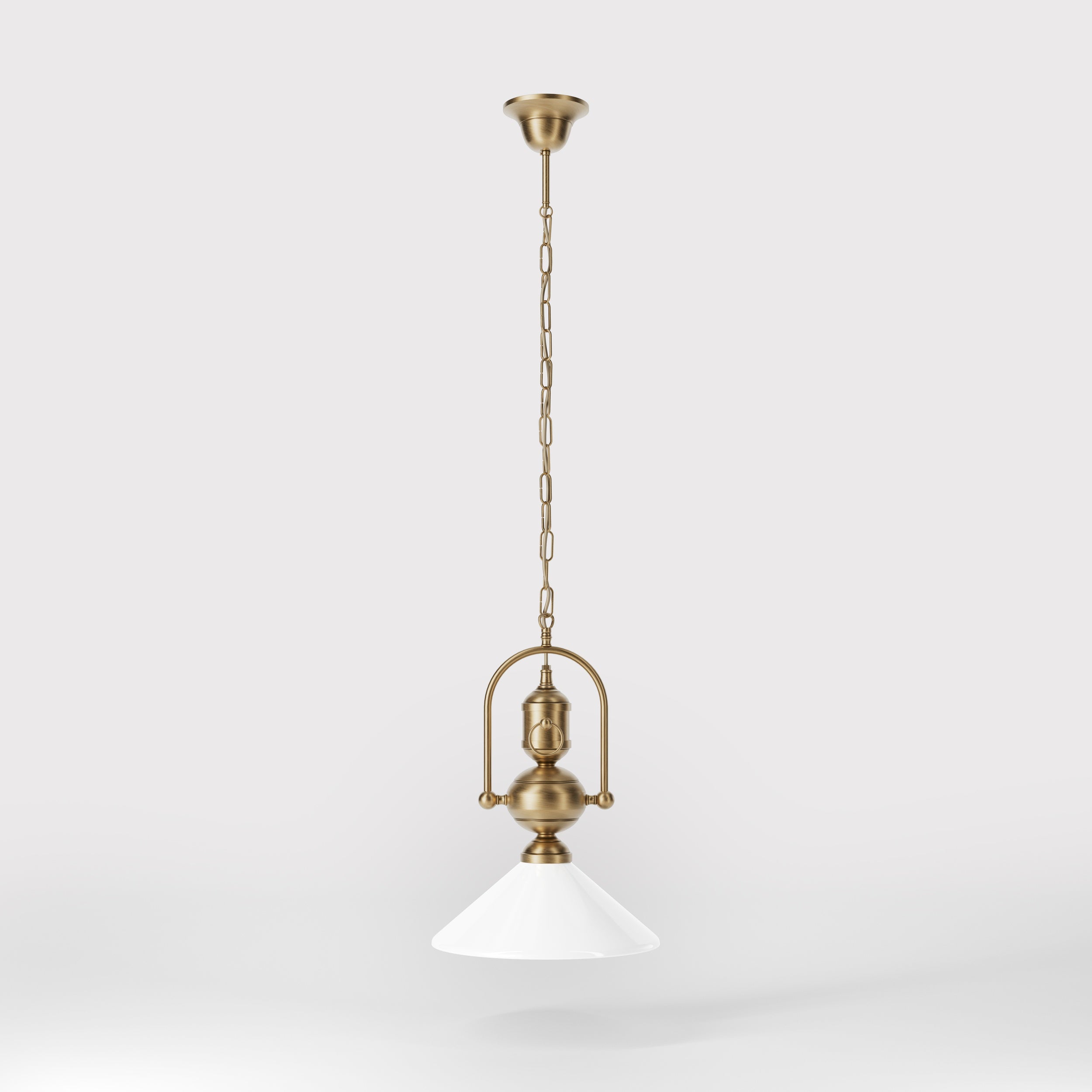Brass pendant lamp with decorative chain glossy white glass shade industrial design style Made in Italy by Ghidini 1849 - Finish: OBS Bronze Satin Brass
