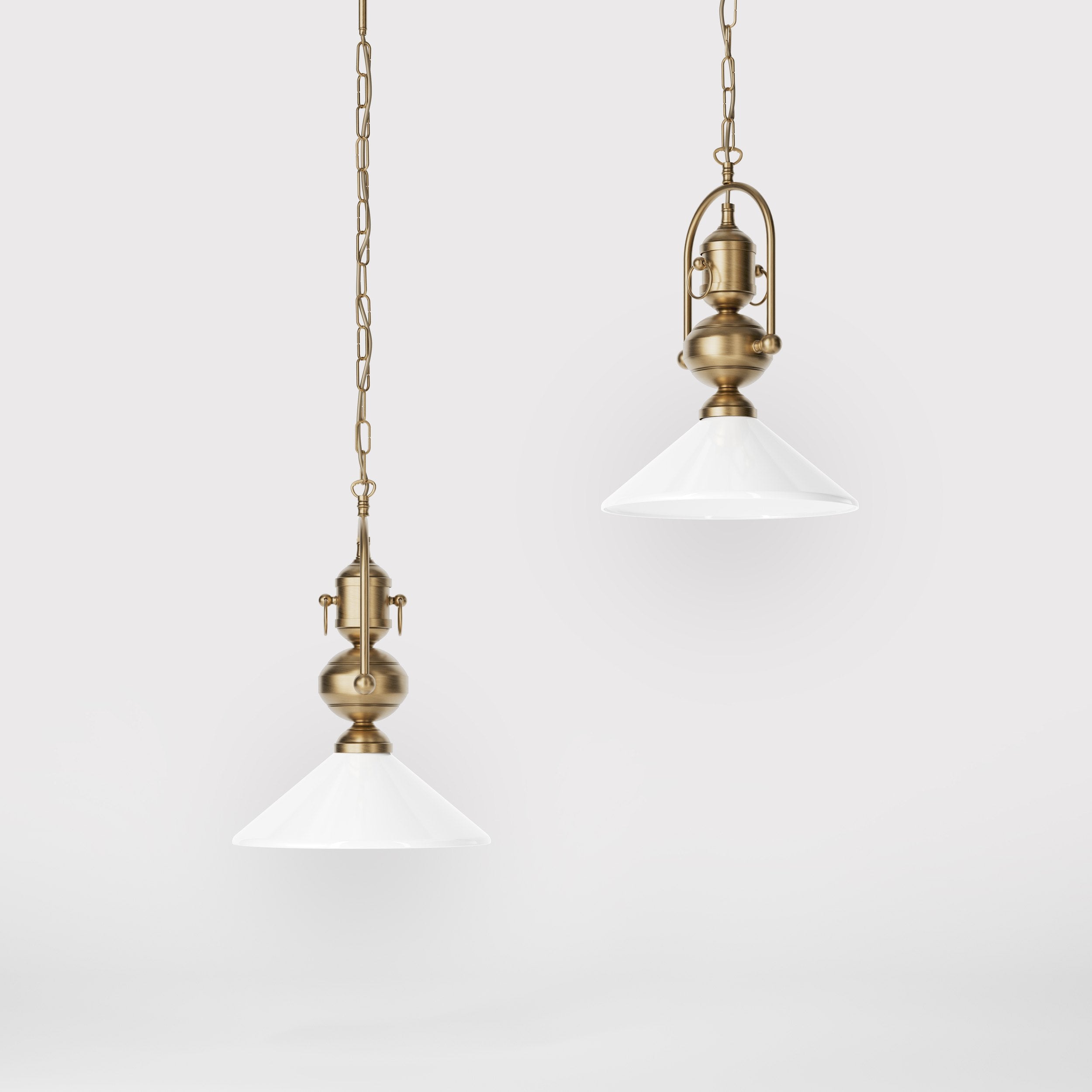 Brass pendant lamp with decorative chain glossy white glass shade industrial design style Made in Italy by Ghidini 1849 - Finish: OBS Bronze Satin Brass