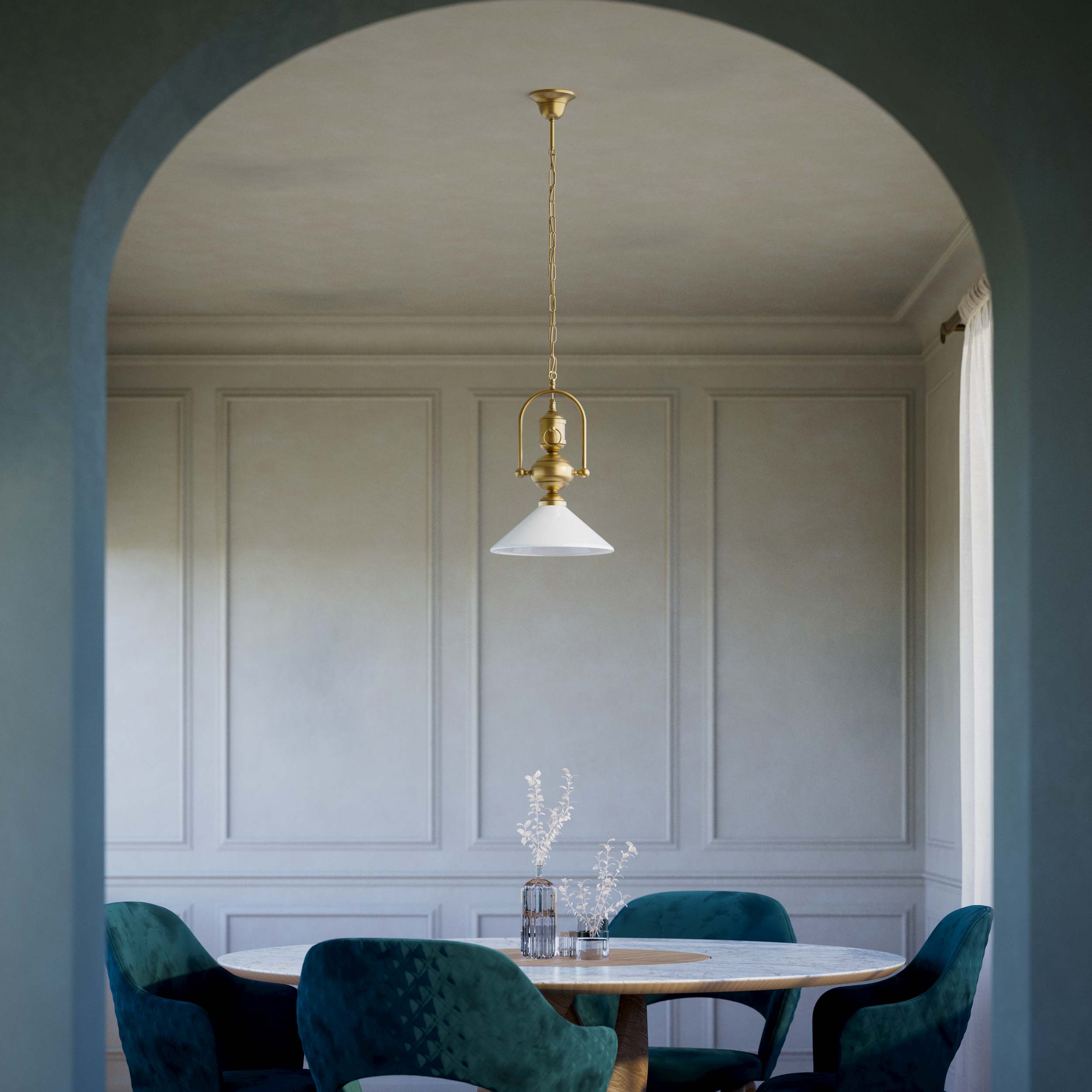 Brass pendant lamp with decorative chain glossy white glass shade industrial design style Made in Italy by Ghidini 1849 - Finish: OBS Bronze Satin Brass