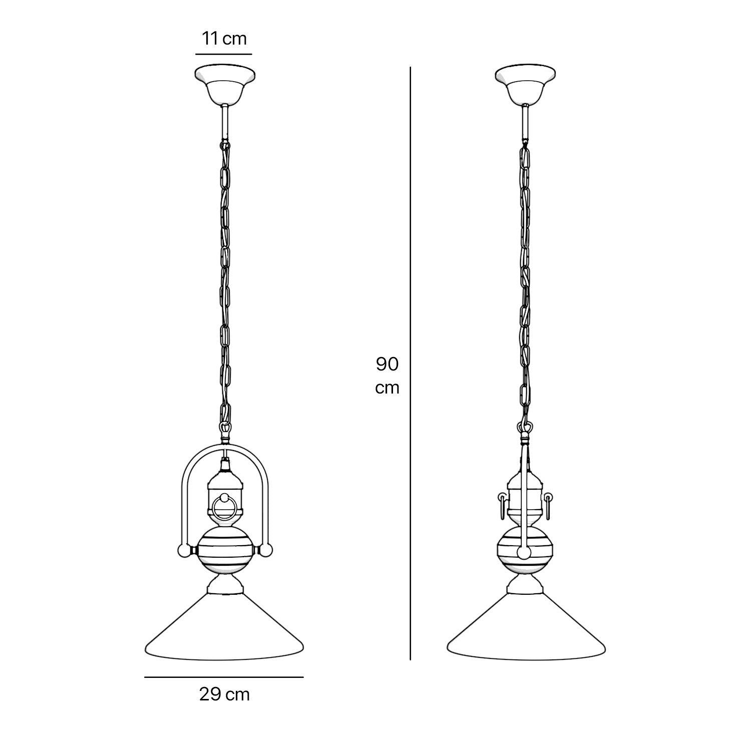 Brass pendant lamp with decorative chain glossy white glass shade industrial design style Made in Italy by Ghidini 1849
