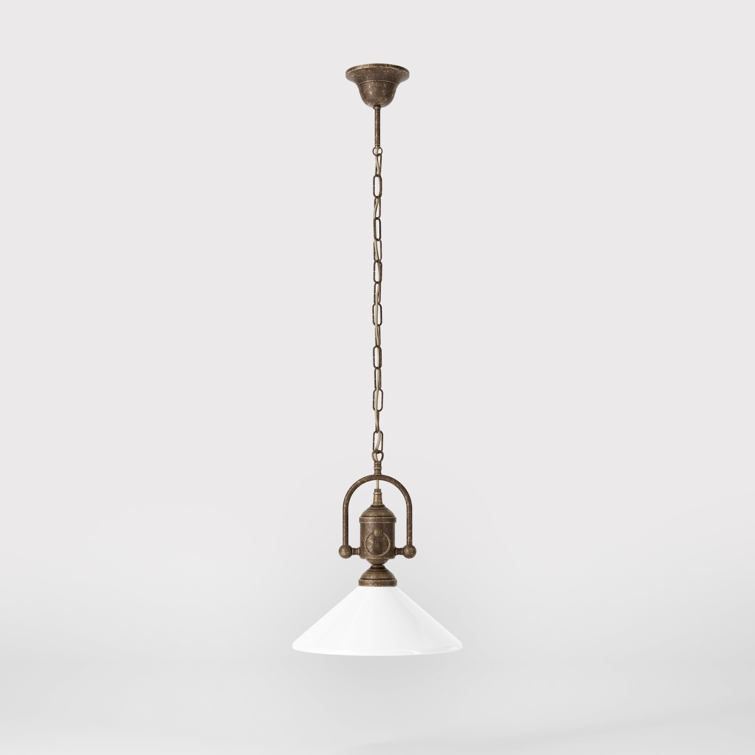 Pendant light with decorative brass chain and nautical style lantern white glass shade Made in Italy design by Ghidini 1849 - Finish: OAS Antique Brass