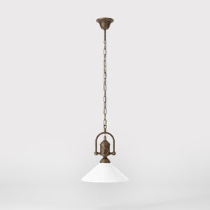 Pendant light with decorative brass chain and nautical style lantern white glass shade Made in Italy design by Ghidini 1849 - Finish: OAS Antique Brass