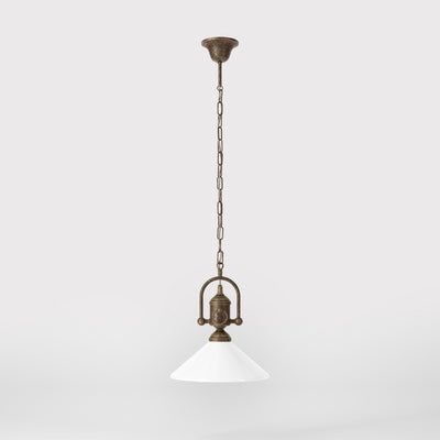 Pendant light with decorative brass chain and nautical style lantern white glass shade Made in Italy design by Ghidini 1849 - Finish: OAS Antique Brass