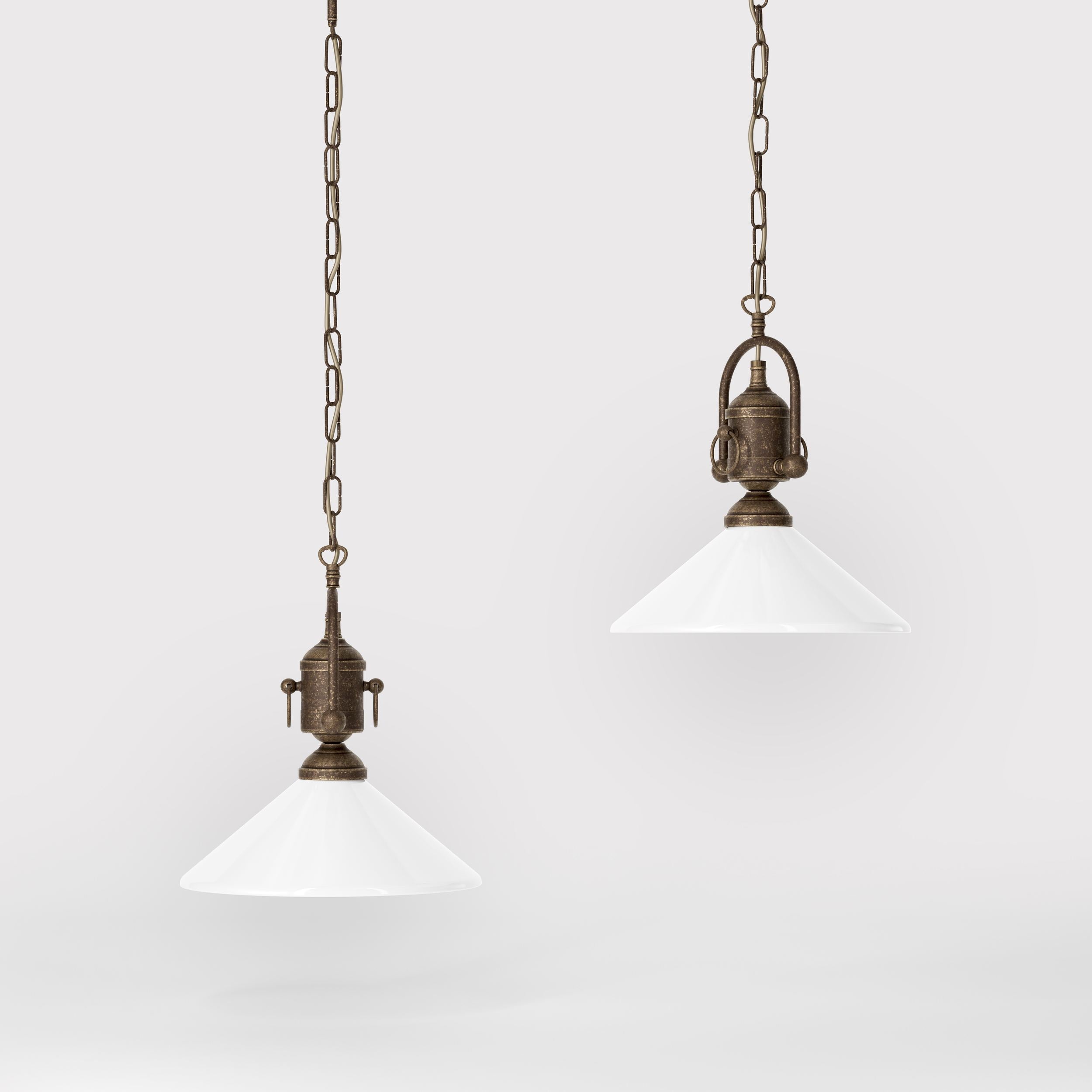 Pendant light with decorative brass chain and nautical style lantern white glass shade Made in Italy design by Ghidini 1849 - Finish: OAS Antique Brass