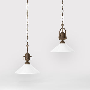Pendant light with decorative brass chain and nautical style lantern white glass shade Made in Italy design by Ghidini 1849 - Finish: OAS Antique Brass