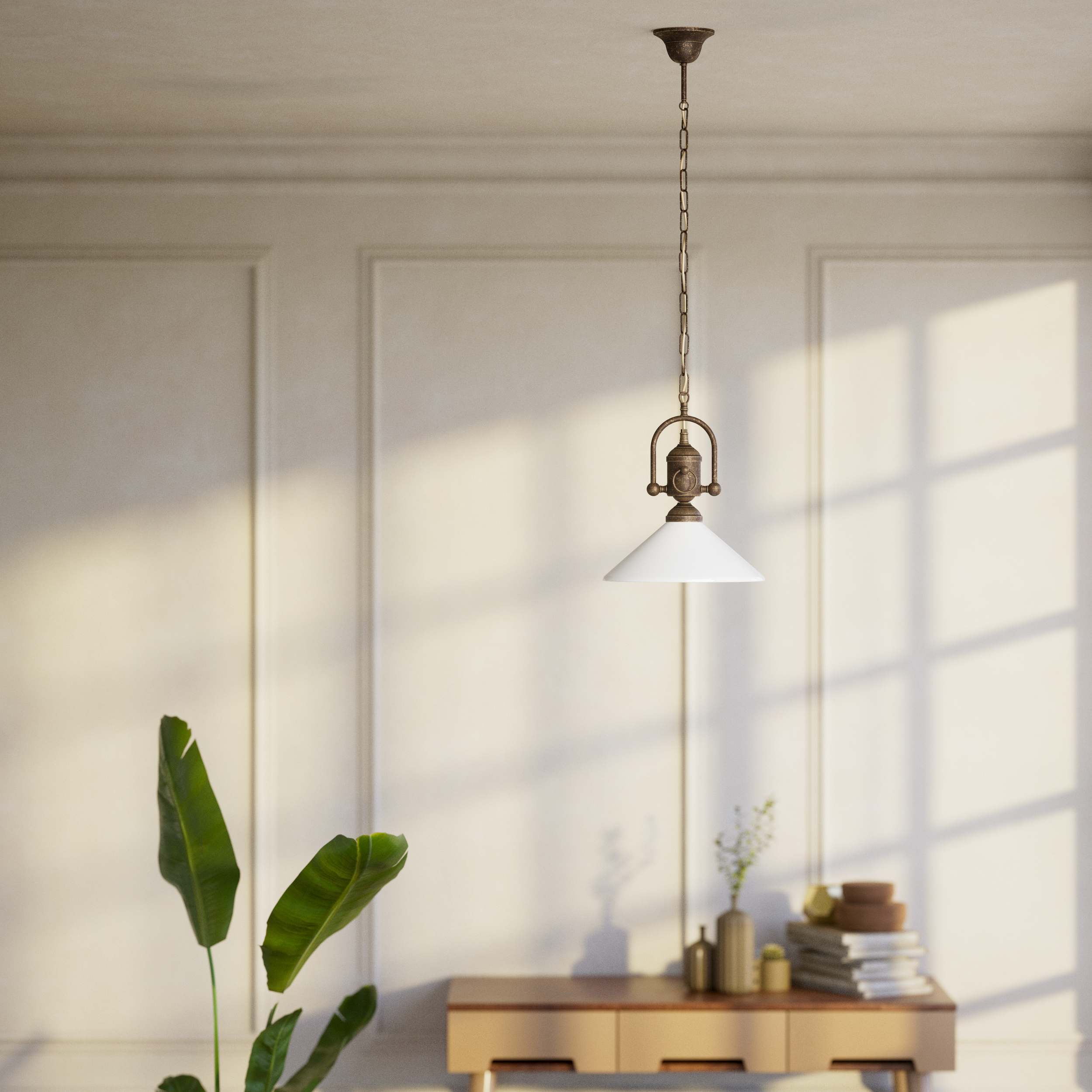 Pendant light with decorative brass chain and nautical style lantern white glass shade Made in Italy design by Ghidini 1849 - Finish: OAS Antique Brass