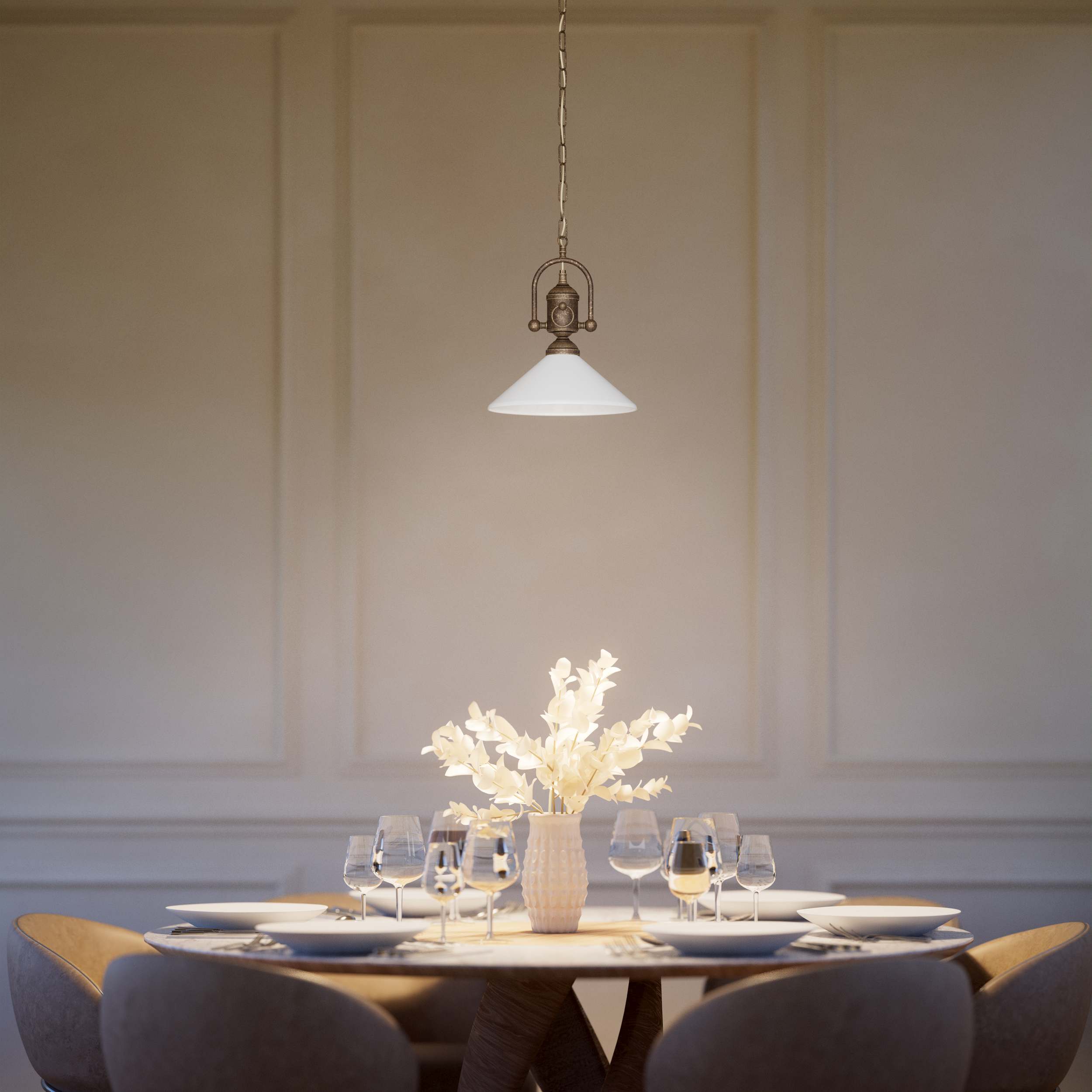 Pendant light with decorative brass chain and nautical style lantern white glass shade Made in Italy design by Ghidini 1849 - Finish: OAS Antique Brass