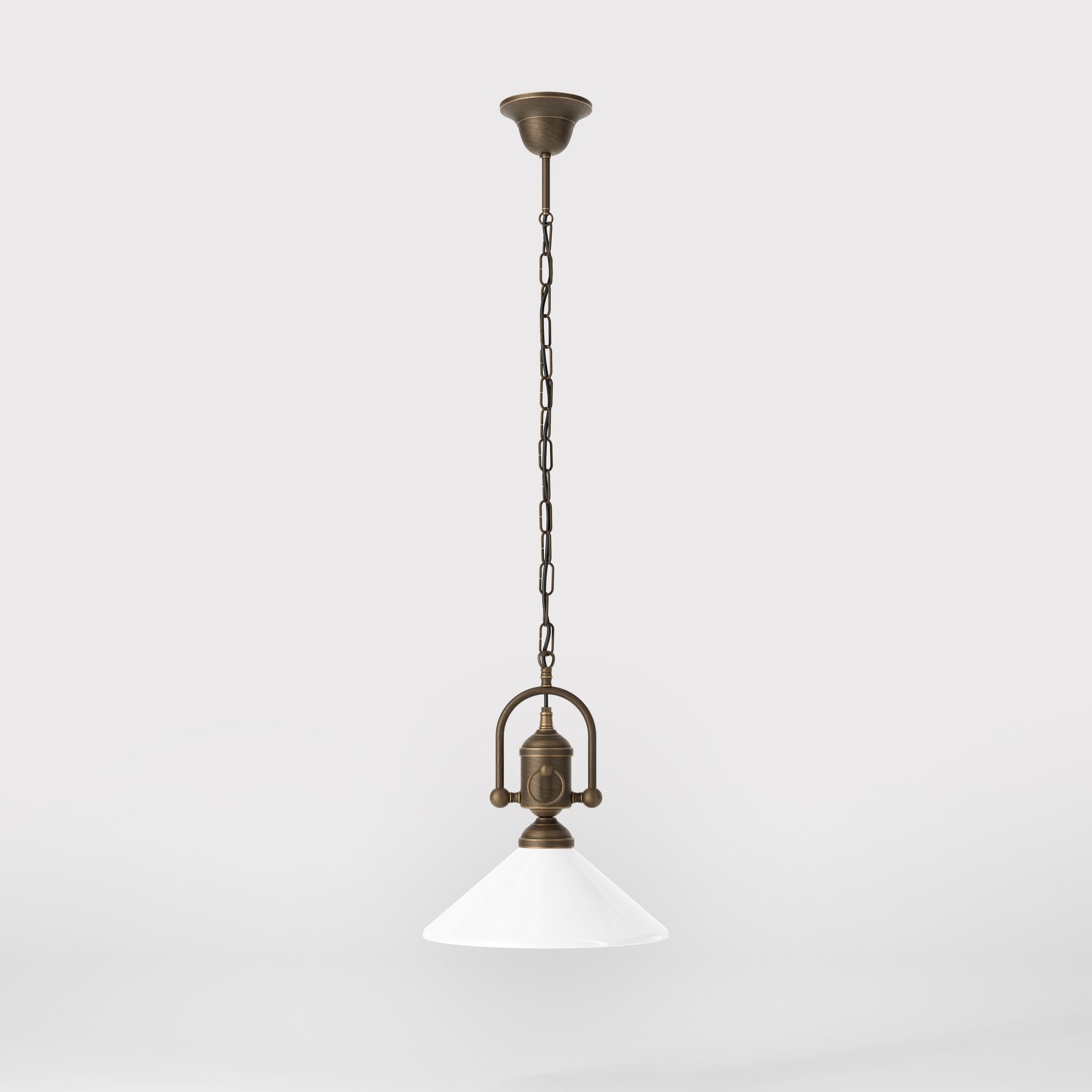 Pendant light with decorative brass chain and nautical style lantern white glass shade Made in Italy design by Ghidini 1849 - Finish: OBM Bronze Satin Matt Brass