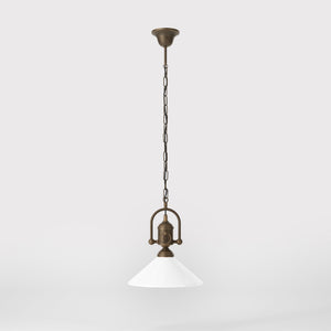 Pendant light with decorative brass chain and nautical style lantern white glass shade Made in Italy design by Ghidini 1849 - Finish: OBM Bronze Satin Matt Brass