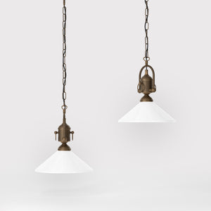 Pendant light with decorative brass chain and nautical style lantern white glass shade Made in Italy design by Ghidini 1849 - Finish: OBM Bronze Satin Matt Brass