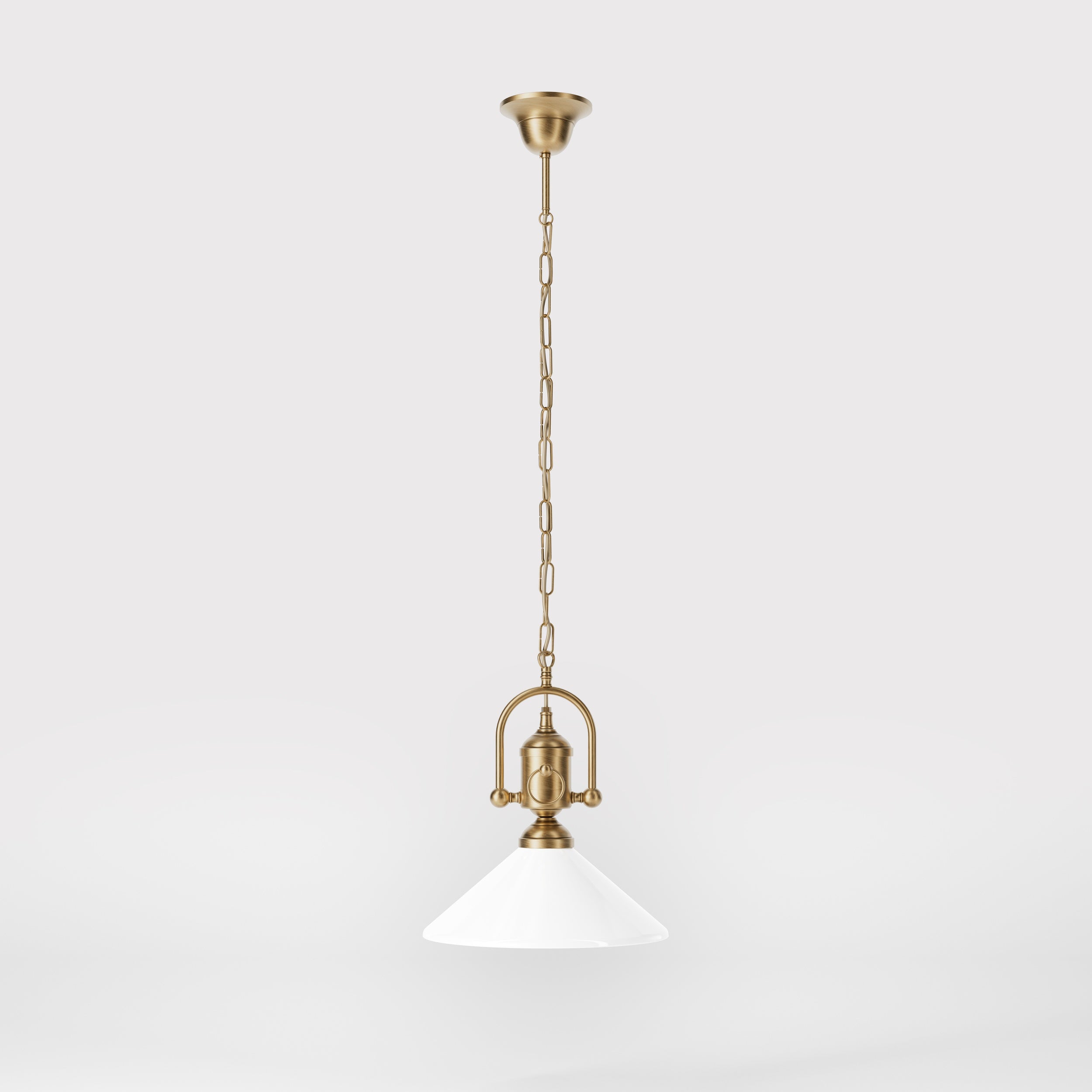 Pendant light with decorative brass chain and nautical style lantern white glass shade Made in Italy design by Ghidini 1849 - Finish: OBS Bronze Satin Brass