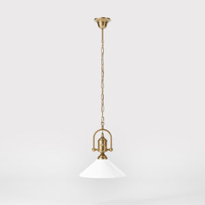 Pendant light with decorative brass chain and nautical style lantern white glass shade Made in Italy design by Ghidini 1849 - Finish: OBS Bronze Satin Brass