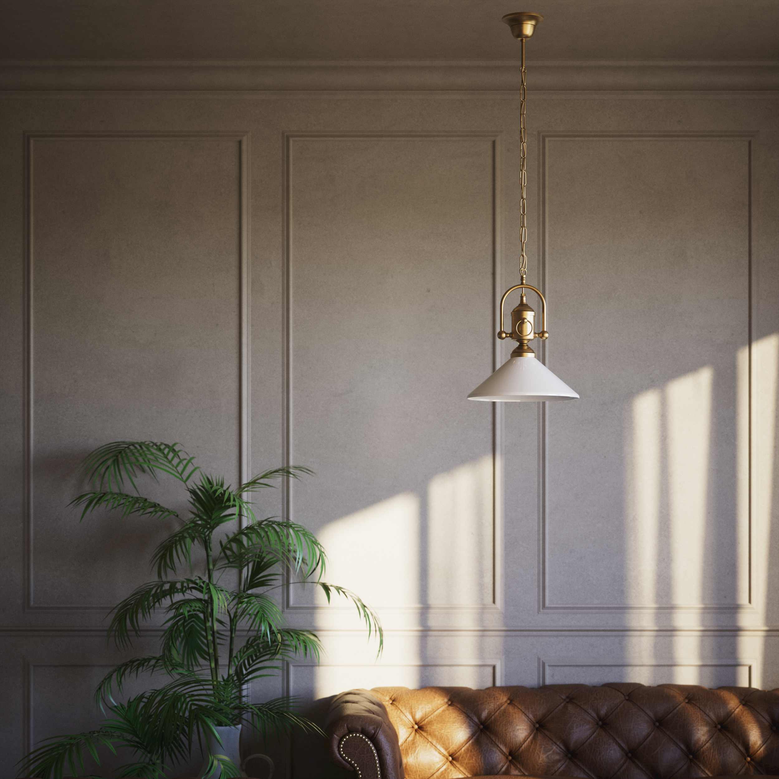 Pendant light with decorative brass chain and nautical style lantern white glass shade Made in Italy design by Ghidini 1849 - Finish: OBS Bronze Satin Brass