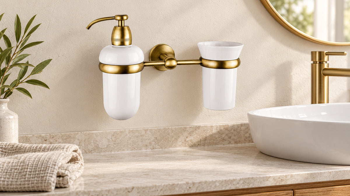 Adele wall-mounted brass dispenser and white ceramic tumbler beside a bathroom basin.