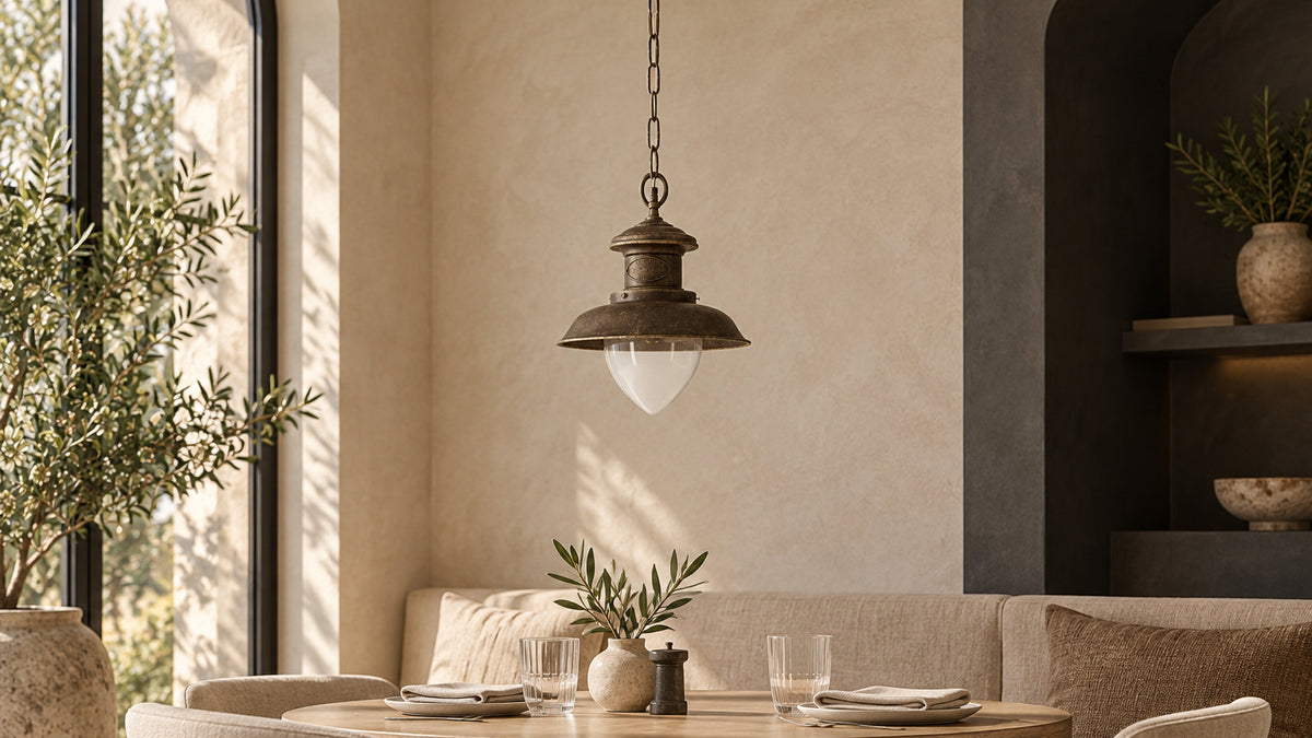 Suspension Al Mare à coupole en laiton foncé et verre transparent en goutte, au-dessus d’une table ronde.