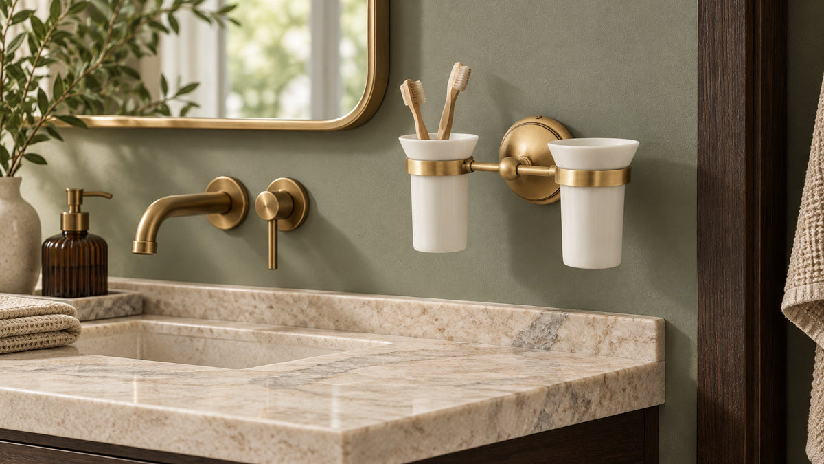 Alba Doppelhalter aus Messing in Satin Bronze mit zwei weißen Keramikbechern neben einem Badezimmerspiegel.