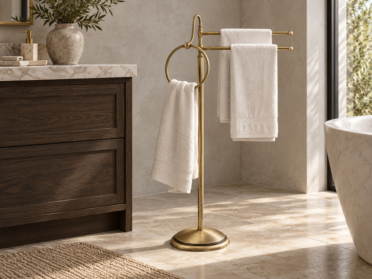 Alba freestanding brass towel holder with three towels beside a bathtub