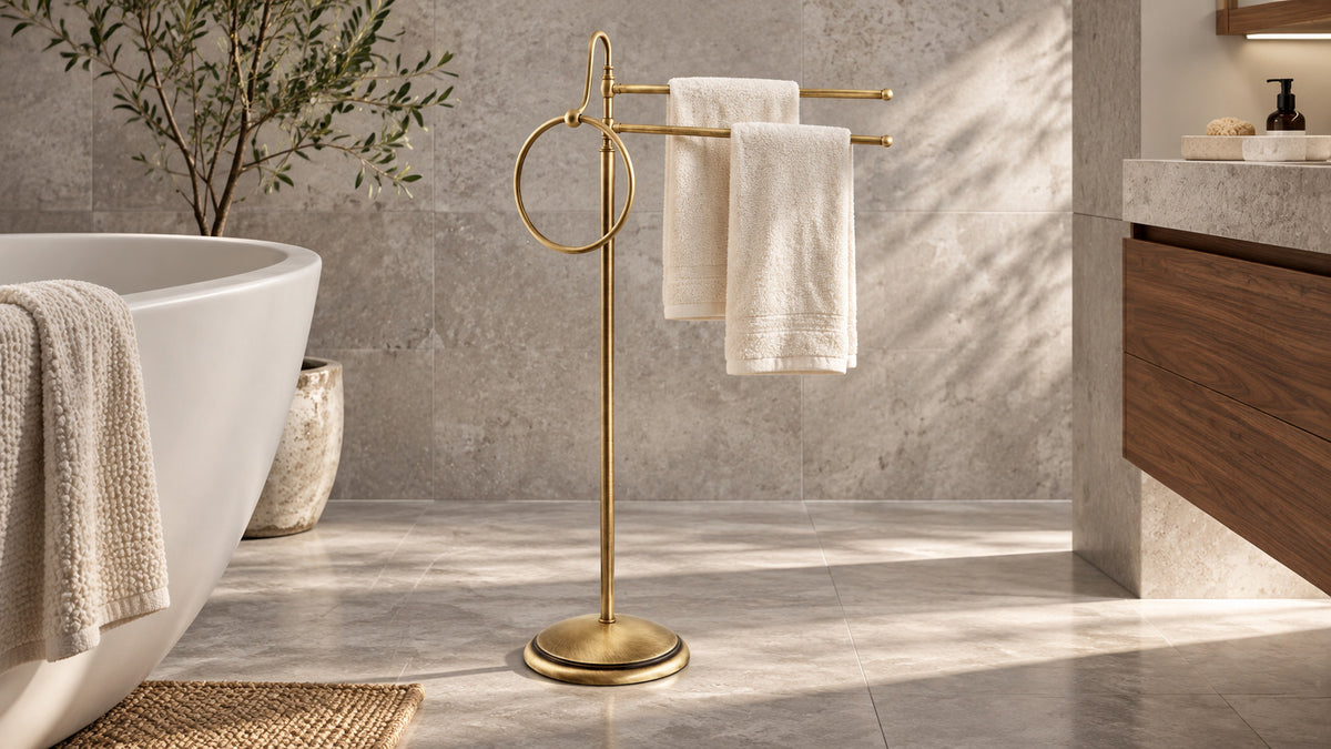 Freistehender Alba Handtuchhalter aus Messing in Satin Bronze mit zwei elfenbeinfarbenen Handtüchern neben einer Badewanne