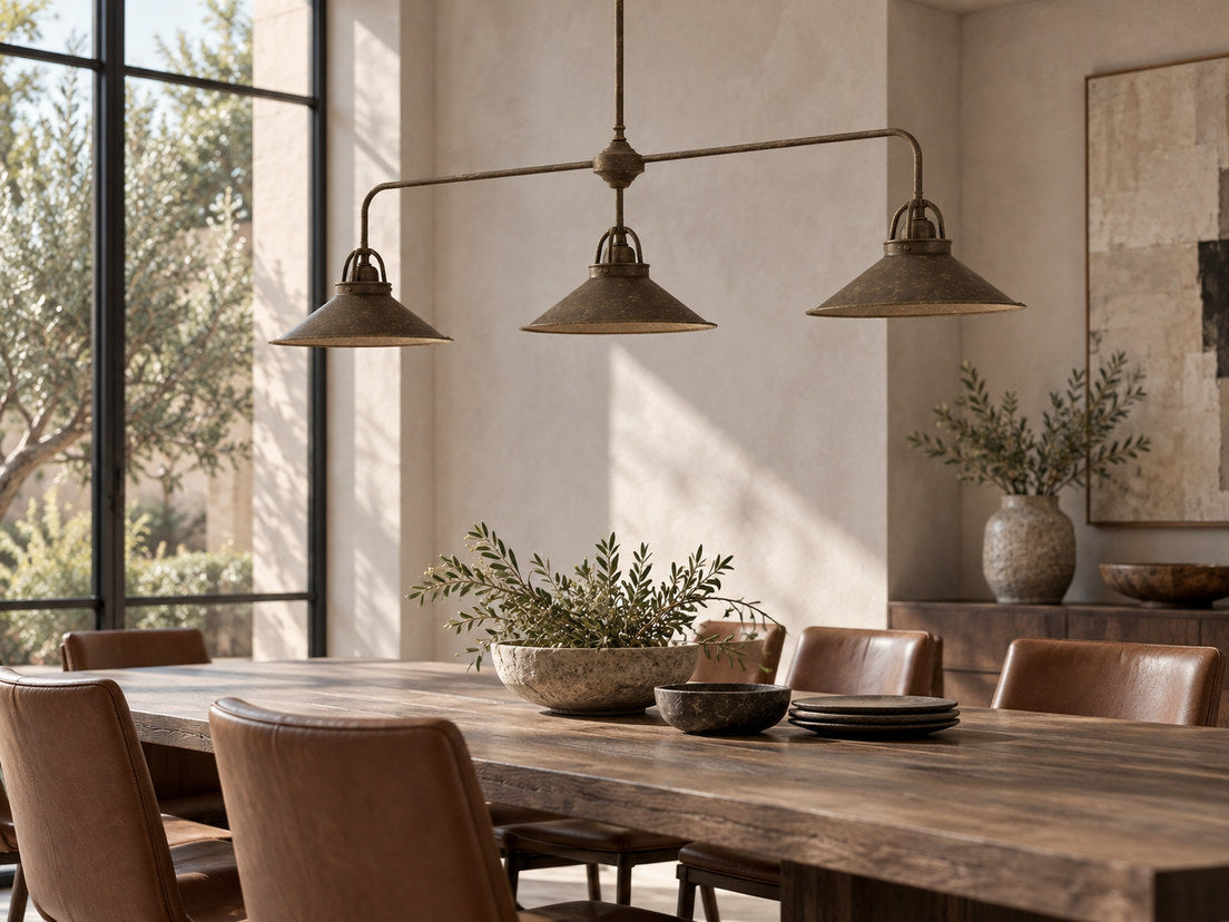 Alice brass pendant with three shades above a walnut dining table