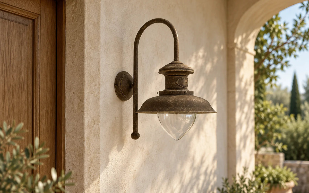 Amalfi wall light in antique brass with a teardrop glass shade, mounted on a pale porch wall.