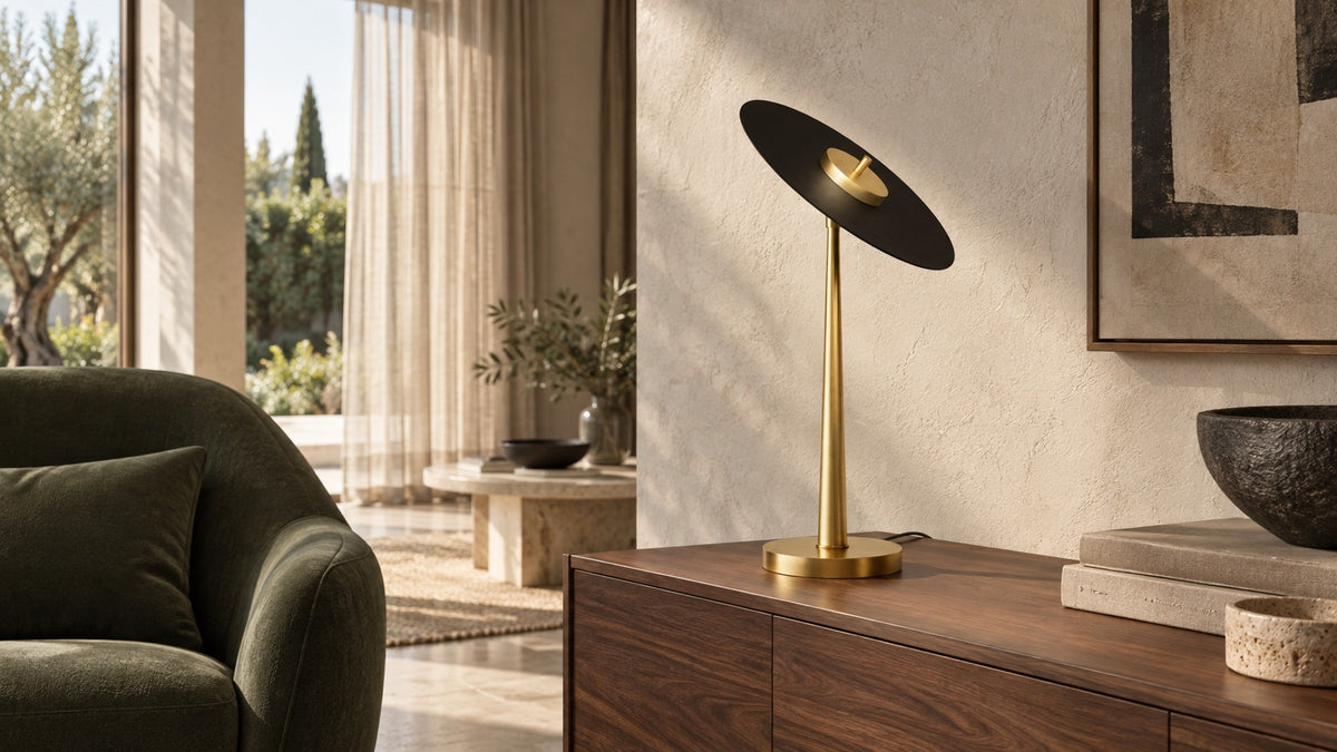 Lampe de table Anima en laiton et disque noir sur un buffet en noyer, près d’un fauteuil vert