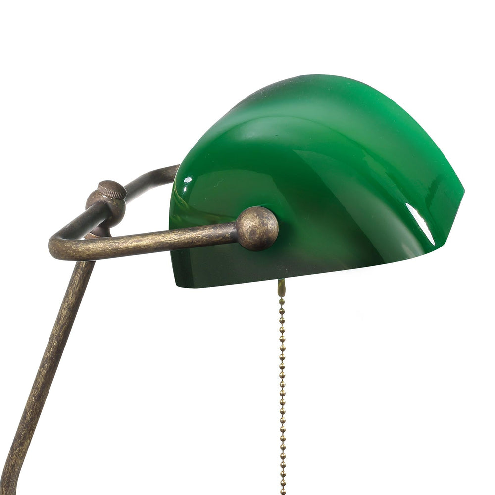 Traditional Solid Brass Bankers Lamp, Green Glass Shade & Pull Switch