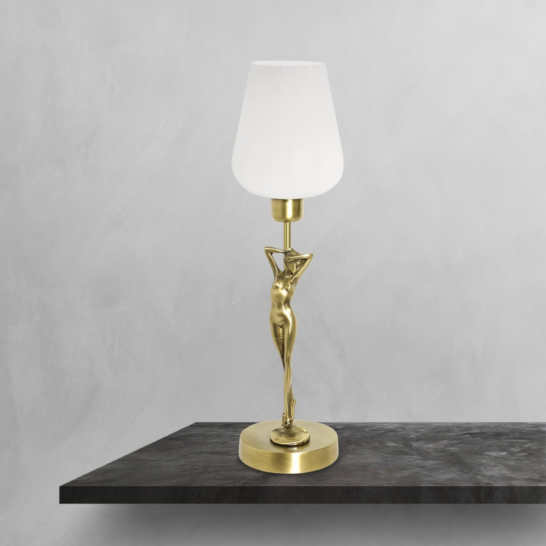 Art Deco Lady Figurine Table Lamp Brass Tulip Glass Ghidini 1849