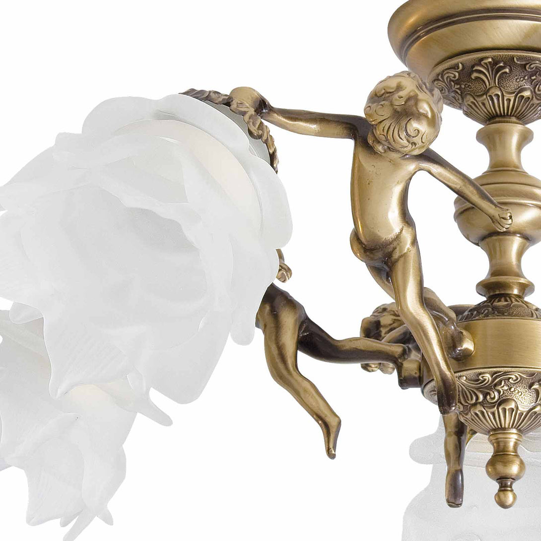 Art Nouveau Ceiling Lamp Brass Statuettes Putti Ghidini 1849