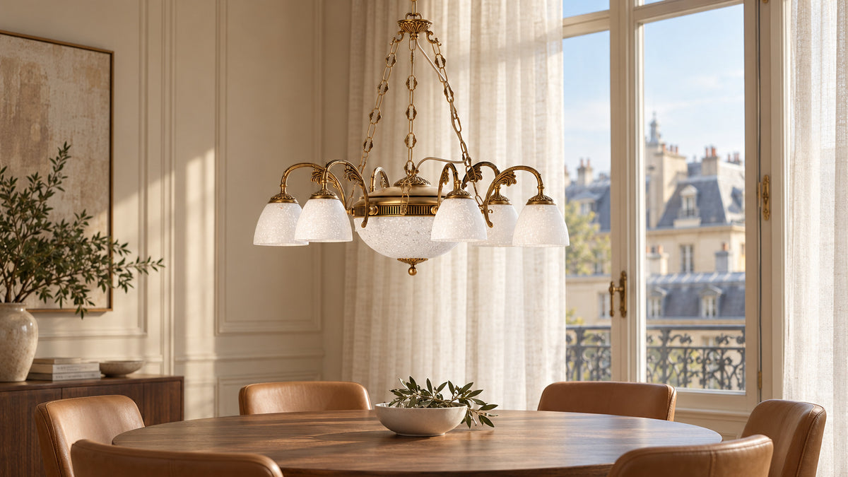 Lustre Beatrice en laiton et verre blanc dans une salle à manger contemporaine